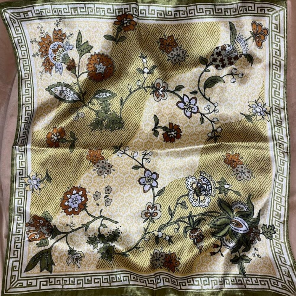 Vintage Manlio Bonetti Yellow and Green Floral Silk Square Scarf